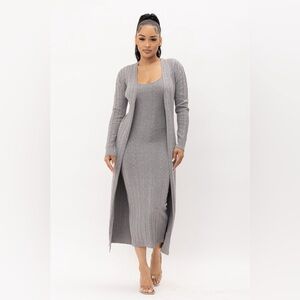 646. Tank Knit Dress and Long Cardigan Set in Hunter Gray